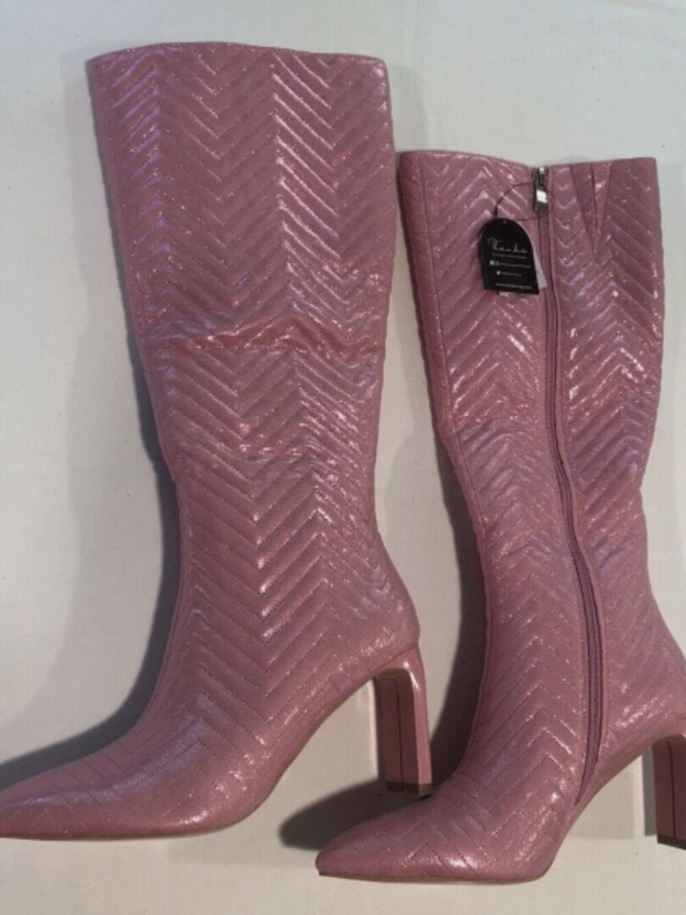 Pink Size 7 Quilted High Italian Block Heeled Boots
